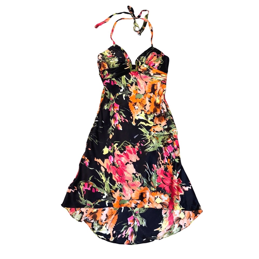 Vintage Y2K Caché 100% Silk Floral Halter High-Low Dress Jewels 6 NWT Perfect!